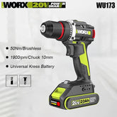 Worx WU173 Wireless Dual Speed Drill Rechargeable Brushless 20v 50Nm 1900rpm 18+1 Torque Adjustable Share WORX 5pin Battery
